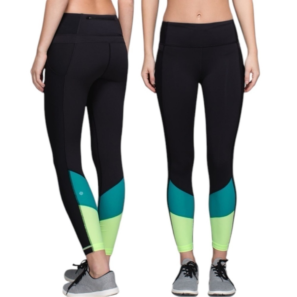 Lululemon Trail Bound 7/8 Tight Black Blue Mint Running Activewear Women's Sz 8